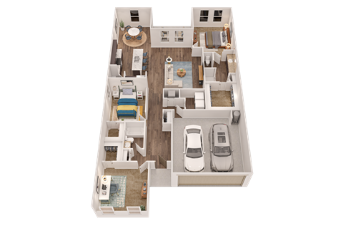 A 3D floor plan of a house with two bedrooms, a living room, a kitchen, a dining room, and a garage.